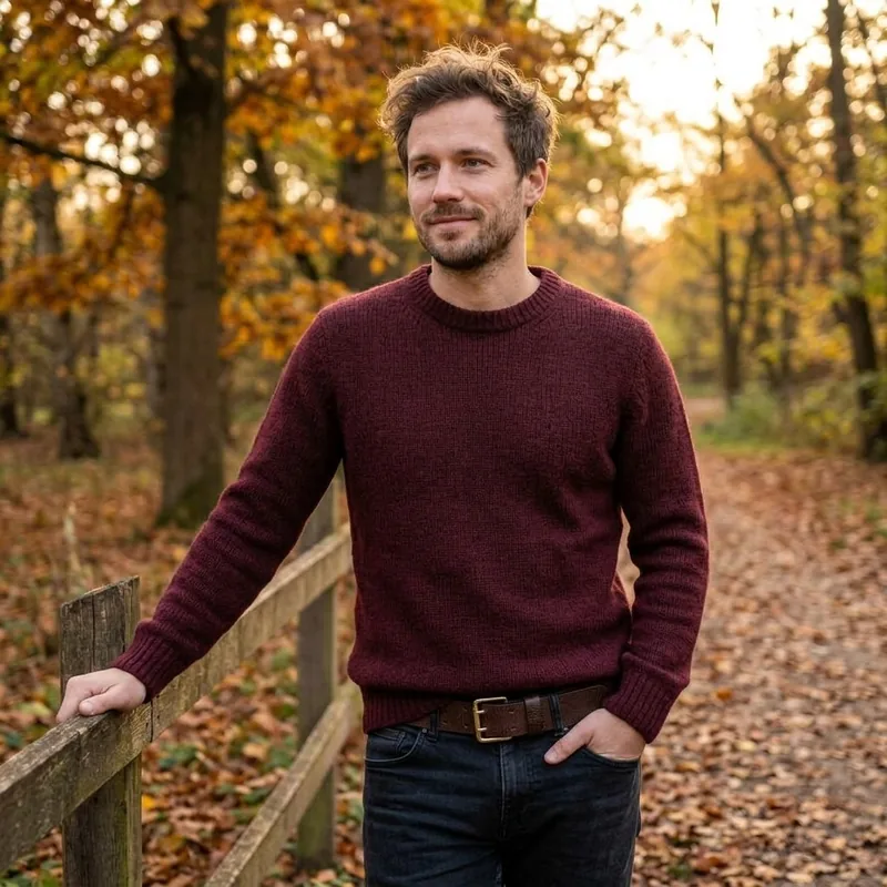 Ledergürtel Herren – Model mit dunkelbraunem Herrengürtel aus Büffelleder zu Strickpullover und Jeans
