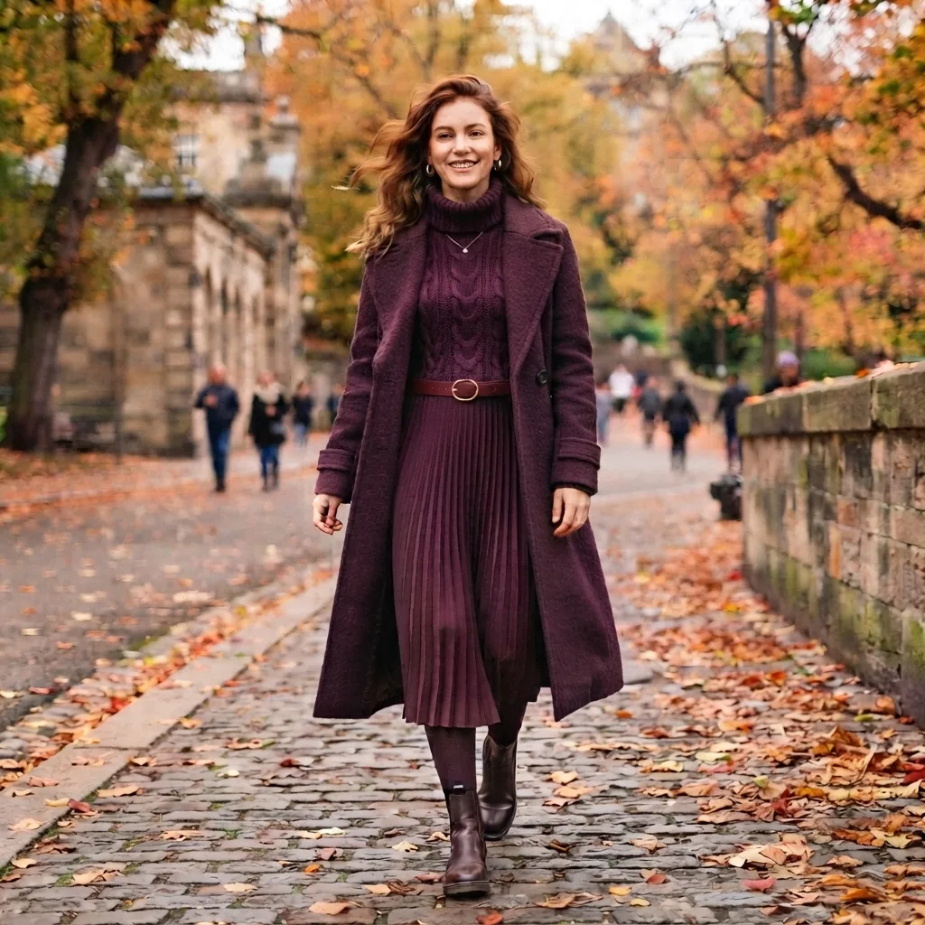 Frau mit bordeauxfarbenem Fronhofer Ledergürtel im Herbst – Herbstkollektion 2026, handgefertigt in Regensburg