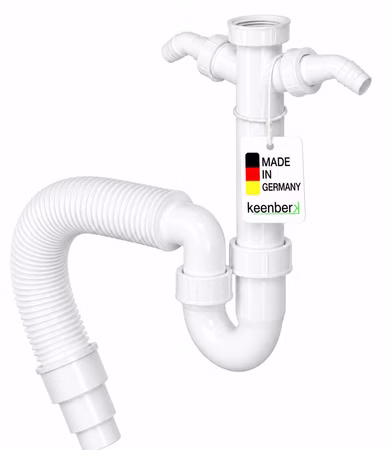 Röhrengeruchsverschluss für Küchenspülen, Siphon 1 1/2 Zoll x Ø 40/50 mm mit flexiblem Abgang, 90° Winkel und zwei Geräteanschlüssen (2 GA)