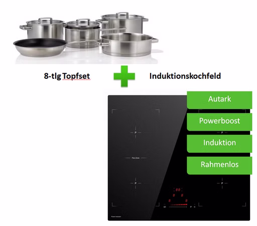 Set Einbau Induktions Kochfeld 60 cm 2 Doppel-Flexzonen Autark Booster Sensor Touch mit Topfset