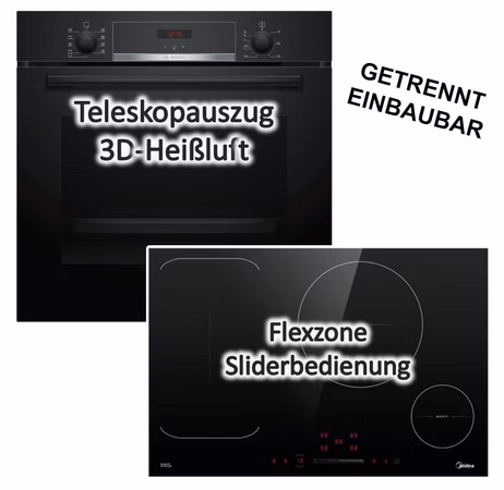 Herdset Bosch Backofen 3D-Heißluft Teleskopauszug + Midea Flex-Induktionskochfeld 77 cm