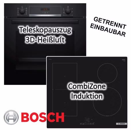BOSCH Herdset Backofen EcoClean 3D Heißluft + Induktionskochfeld Booster autark 60cm