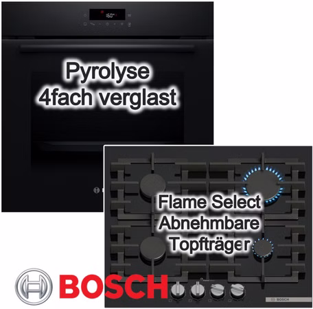 BOSCH Herdset Pyrolyse 3D-Heißluft + Gaskochfeld mit FlameSelect Rahmenlos