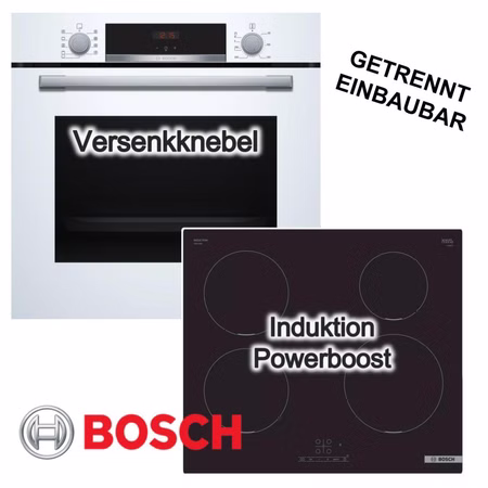 Herdset BOSCH Backofen weiß autark 3D Heißluft 71L Hydrolyse + Induktionskochfeld PowerBoost