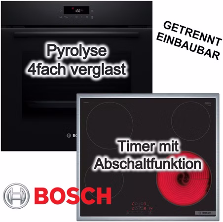 BOSCH Herdset 3D-Heißluft Pyrolyse LED-TouchControl Reinigungshilfe + Elektrokochfeld 60cm Glaskeramik Edelstahl Rahmen autark