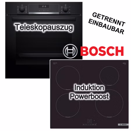 BOSCH Herdset Einbaubackofen 3D-Heißluft Plus Teleskopauszug Hydrolyse ecoClean +Induktionskochfeld PowerBoost