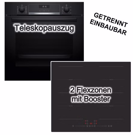 Herdset Bosch Einbaubackofen Teleskopauszug Hydrolyse ecoClean + PKM Induktionskochfeld Booster Flex-Zonen 