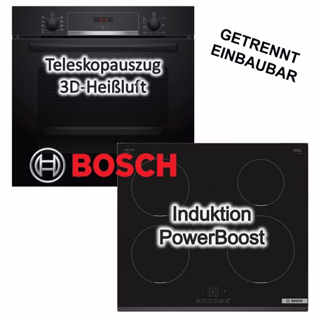 Herdset BOSCH Einbau-Backofen Hydrolyse Pizzafunktion Teleskopauszug + Induktionskochfeld PowerBoost Touch