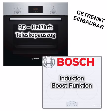 Bosch Herdset Einbaubackofen 3D Heißluft Teleskopauszug + Induktionskochfeld Weiß PowerBoost Bräterzone Touch