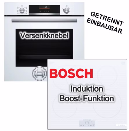 Bosch Herdset weiß Einbaubackofen 3D-Heißluft AirFry EcoClean + Induktionskochfeld Booster RoasterZone Touch
