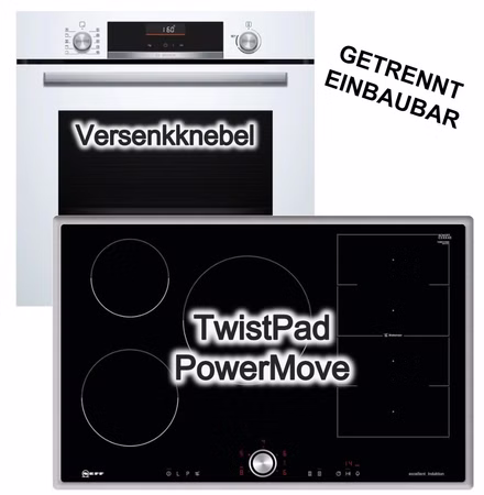 Herdset Bosch Einbaubackofen weiss Air Fry 3D Heißluft + Neff Induktionskochfeld 80cm Flexinduktion TwistPad®