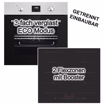 PKM Herdset Einbaubackofen Umluft LED Display 8 Funktionen + Induktionskochfeld Flex-Zonen 