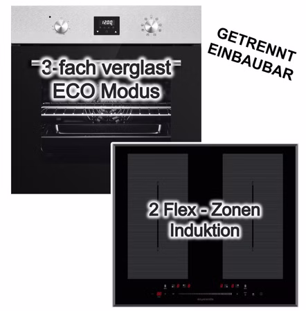 Herdset PKM Einbaubackofen Umluft 8 Funktionen + Wolkenstein Induktionskochfeld Doppel Flexzonen Touch Control