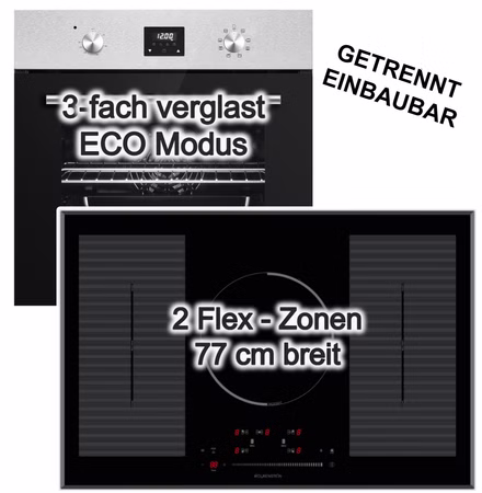Herdset PKM Einbaubackofen Umluft 8 Funktionen + Wolkenstein Induktionskochfeld 77cm Doppel Flexzonen Touch Control
