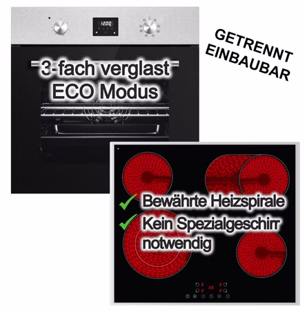 PKM Einbaubackofen Umluft 8 Funktionen + PKM Glaskeramik Kochfeld Zweikreiszone Bräterzone Touch Control