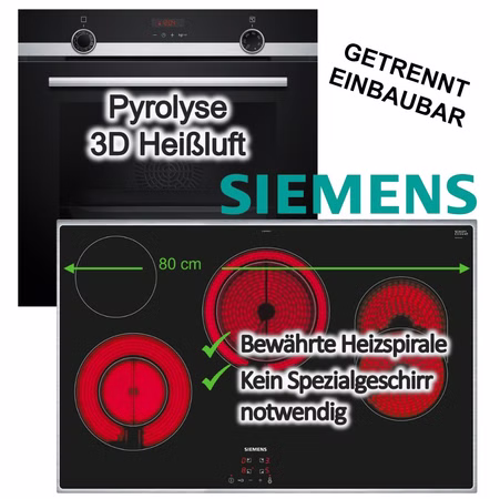 Herdset Siemens Einbaubackofen Dampfunterstützung Pyrolyse Teleskopauszug+ Elektrokochfeld 80cm Zweikreiszone 