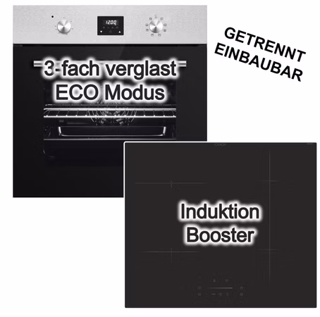 Herdset PKM Einbaubackofen 8 Funktionen LED Display+ Candy Induktionskochfeld Booster Slider hOn App