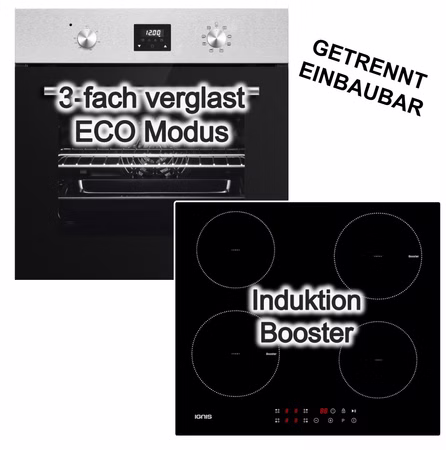Herdset PKM Einbaubackofen 8 Funktionen LED Display+ Ignis a.d.H. Bauknecht Induktionskochfeld Booster Touch