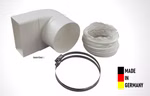 125er Abluft-System Umlenkstück mit Flexschlauch und Flachkanal.