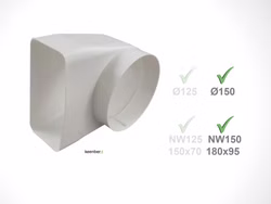 Umlenkstück, Anschlussbogen eckig/rund - 150er Abluftsystem, Modell 12.24004. Umlenkstück, Anschlussbogen eckig/rund - 150er Abluftsystem, Modell 12.24004.