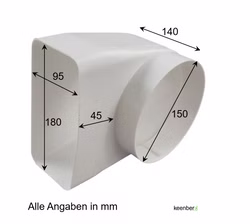 Umlenkstück, Anschlussbogen eckig/rund für 150er Abluftsystem. Umlenkstück, Anschlussbogen eckig/rund für 150er Abluftsystem.