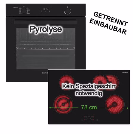 Daewoo Backofenset Einbaubackofen Pyrolyse SoftClose + Glaskeramik Kochfeld 4 Kochzonen Zweikreiszone