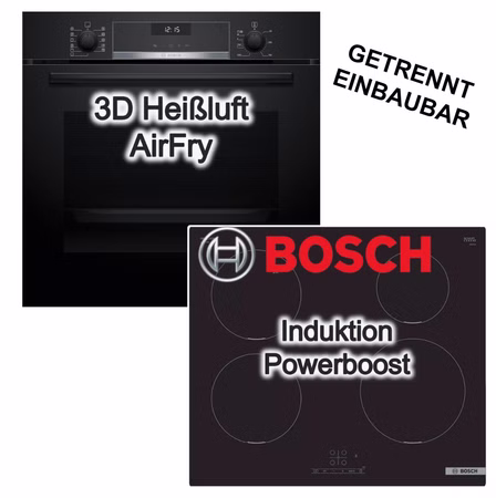 Bosch Herdset Serie 6 AirFry 3D-Heißluft Plus EcoClean 71 Liter + Induktionskochfeld  PowerBoost TouchSelect