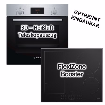 Herdset Bosch Serie 2 3D Heißluft Teleskopauszug 66 Liter + Grundig Induktionskochfeld Flexizone Booster Edelstahl
