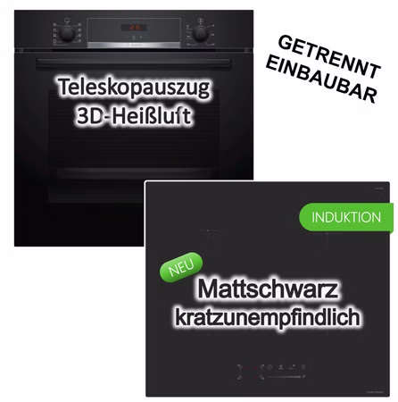 Herdset BOSCH Einbaubackofen Hydrolyse 3D Heißluft + keenberk Induktionskochfeld Booster Touch-Slider MattBlack