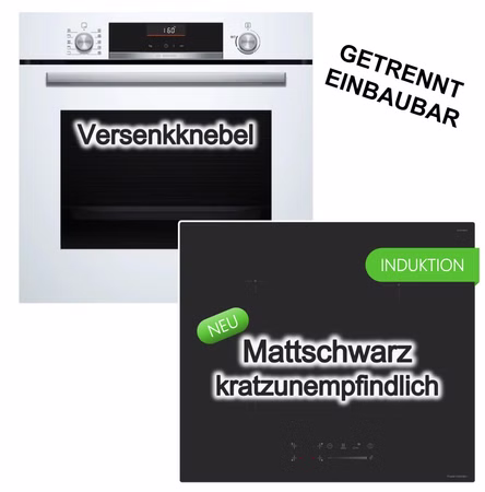 Herdset BOSCH Einbaubackofen Air Fry 3D Heißluft weiss+ keenberk Induktionskochfeld 60 cm Touch-Slider Booster MattBlack