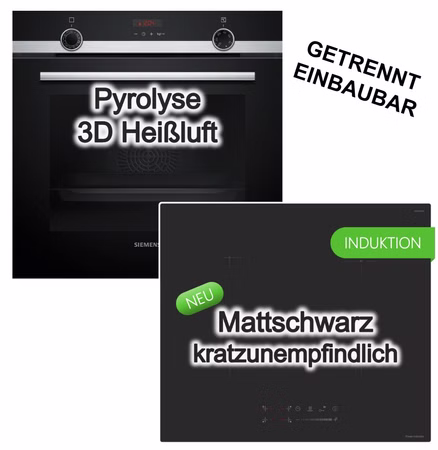 Herdset Siemens Einbaubackofen Dampfunterstützung Pyrolyse 3D Heißluft + keenberk Induktionskochfeld Booster MattBlack