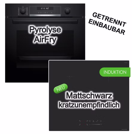 Herdset BOSCH Einbaubackofen Air Fry Pyrolyse 3D Heißluft + keenberk Induktionskochfeld Booster Touch-Slider MattBlack