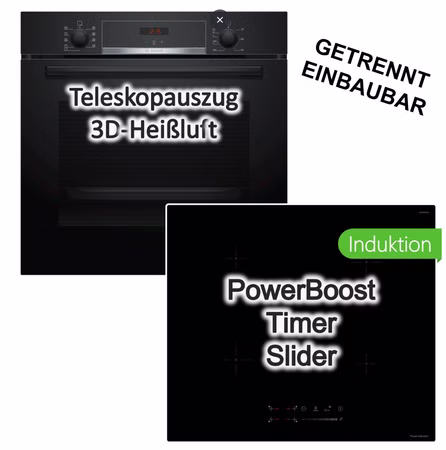 Herdset Bosch Einbau Backofen Hydrolyse Teleskopauszug 3D Heißluft + keenberk Induktionskochfeld Booster Touch-Slider