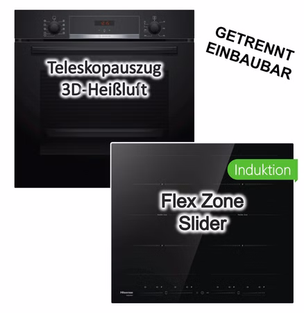 Herdset BOSCH Backofen Hydrolyse 3D Heißluft Pizzafunktion Teleskopauszug + Hisense Induktionskochfeld FlexZone Booster