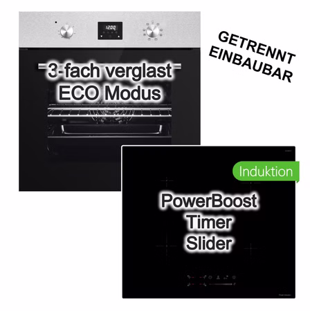 Herdset PKM Backofen 8 Funktionen Umluft ECO + keenberk Induktionskochfeld Booster Touch Slider Glaskeramik