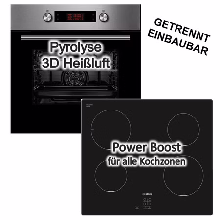 Herdset Midea Backofen Pyrolyse 3D-Heißluft Teleskopauszug + Bosch Induktionskochfeld PowerBoost TouchSelect