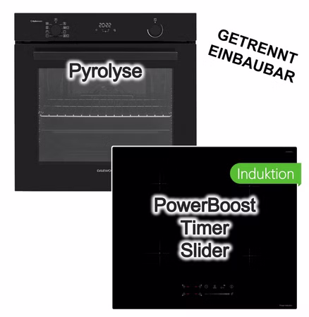 Herdset Daewoo Backofen Pyrolyse + keenberk Induktionskochfeld Booster Touch-Slider