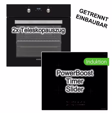 Backofen-Set Vestel Backofen Einbau Teleskopauszug 2-fach Timer Hot Air Shield + keenberk Induktionskochfeld 60cm Booster Touch-Slider Glaskeramik