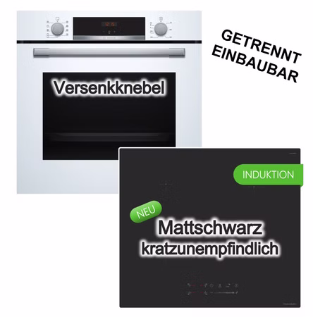 Herdset BOSCH Backofen weiß 3D-Heißluft Hydrolyse + keenberk Induktionskochfeld matt Booster Touch-Slider