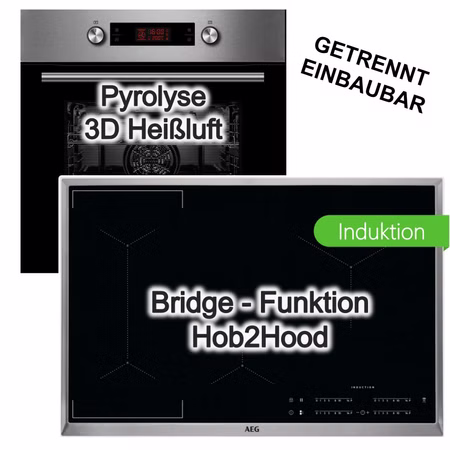 Herdset Midea Pyrolyse 3D-Heißluft Backofen+ AEG 80cm Induktionskochfeld Bridge PowerBoost Hob2Hood
