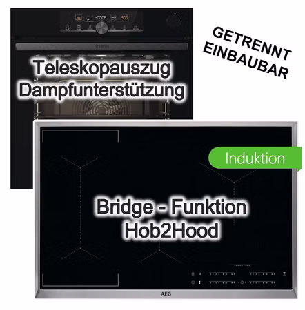 Herdset Gorenje Backofen SteamAssist AirFry + AEG 80cm Induktionskochfeld Bridge PowerBoost Hob2Hood