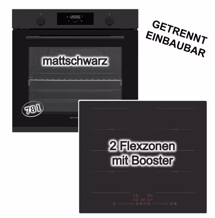 Herdset Sharp Backofen Turbo Heißluft Pizzafunktion Teleskopauszug + PKM Induktionskochfeld Flexzonen Boost Slider