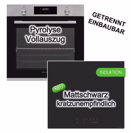 HERDSET Sharp Backofen 78 Liter Pyrolyse Vollauszug+ keenberk Induktionskochfeld Booster Touch-Slider MattBlack