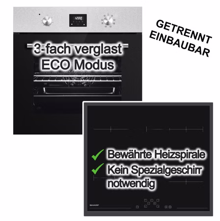 Herdset PKM Backofen Umluft ECO+ Sharp Elektrokochfeld Bräterzone Zweikreis Touch