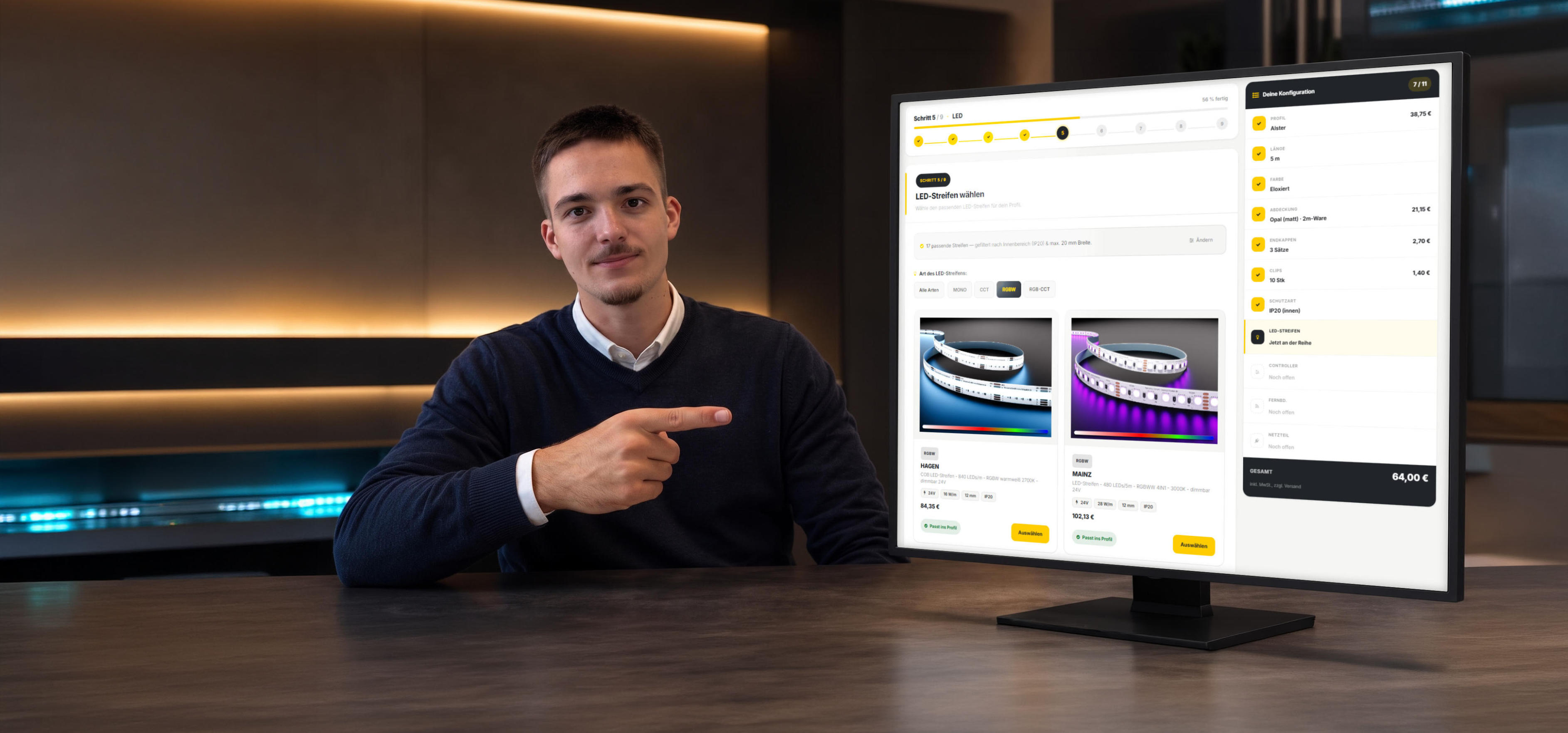 Beleuchtetes LED-Aluprofil im Raum