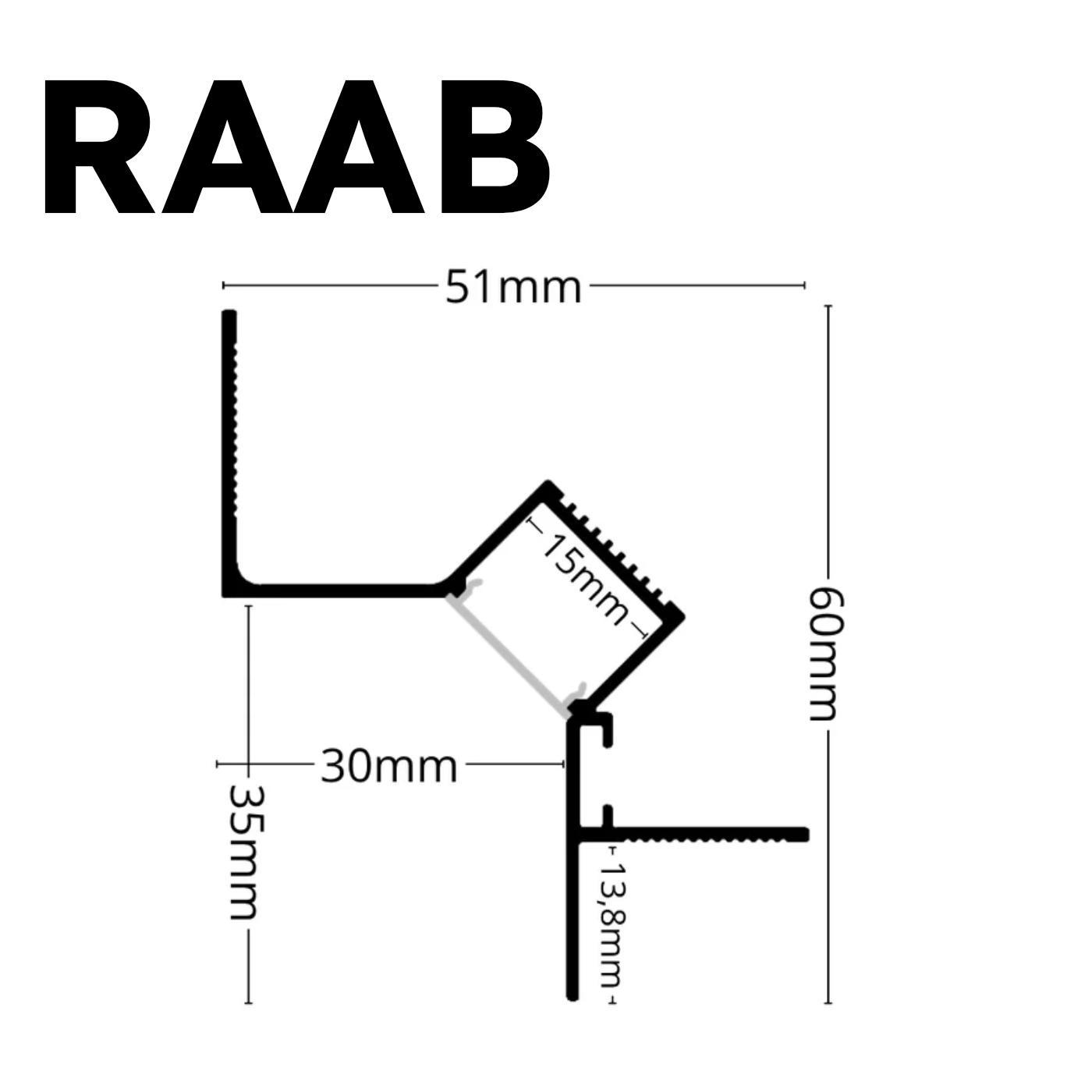 Querschnitt des LED-Alu-Schattenfugenprofils RAAB mit Maßangaben in Millimeter (51 × 60 mm, 45°-LED-Kanal)