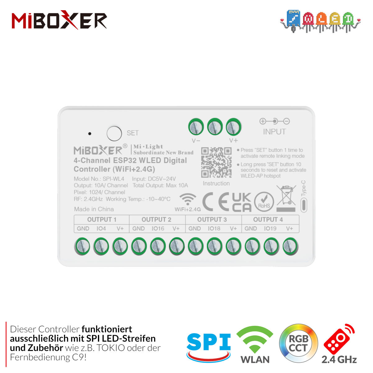 MiBoxer SPI-WL4 4-Kanal ESP32 WLED Digitalcontroller mit Wi-Fi und 2,4GHz