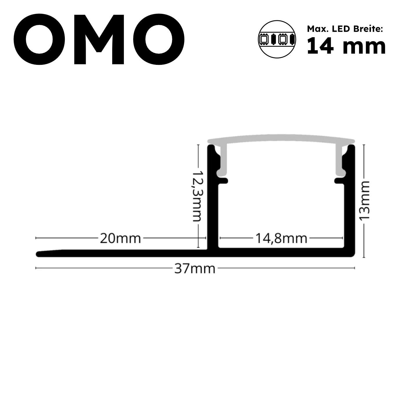 Querschnitt des LED-Alu-Schattenfugenprofils OMO mit Maßangaben in Millimeter