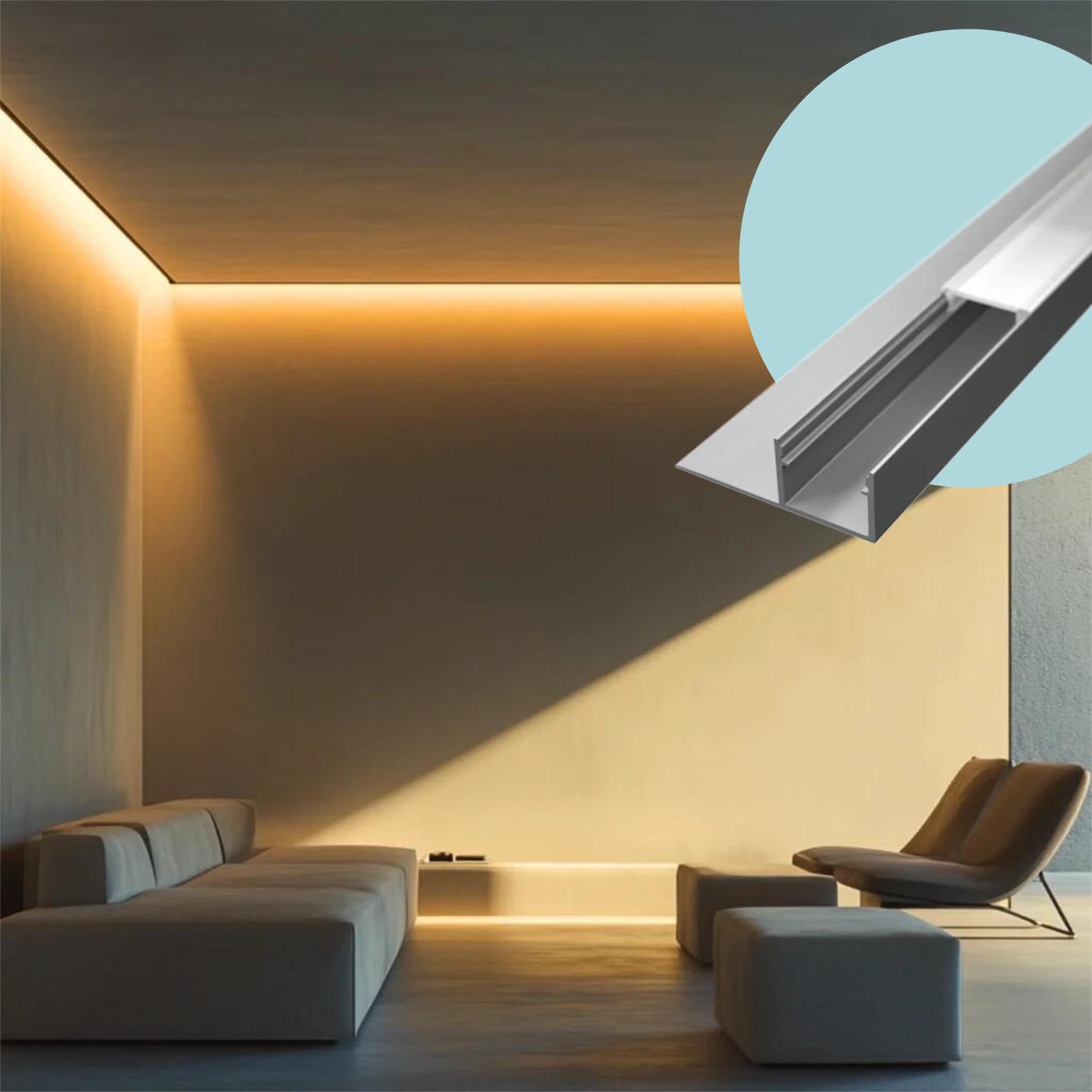 LED Alu Schattenfugenprofil OMO für Fliesen und Rigips als Lichtlinie am Übergang zwischen Decke und Wand