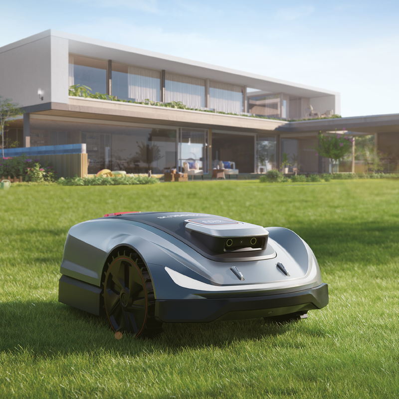 Sunseeker X5 Mähroboter inklusive Garage Sunseeker X5, Ansicht vorne auf Rasenfläche